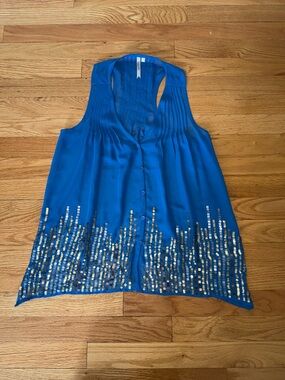 Petticoat Alley Royal Blue Sequin-Embellished Sleeveless Button Front Top